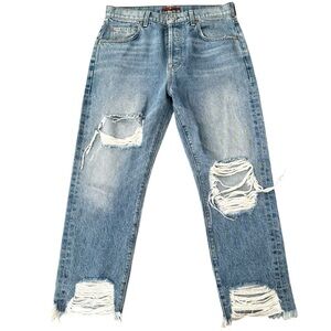 7 for all Mankind Distressed Boyfriend Button Fly Jeans Raw Hem